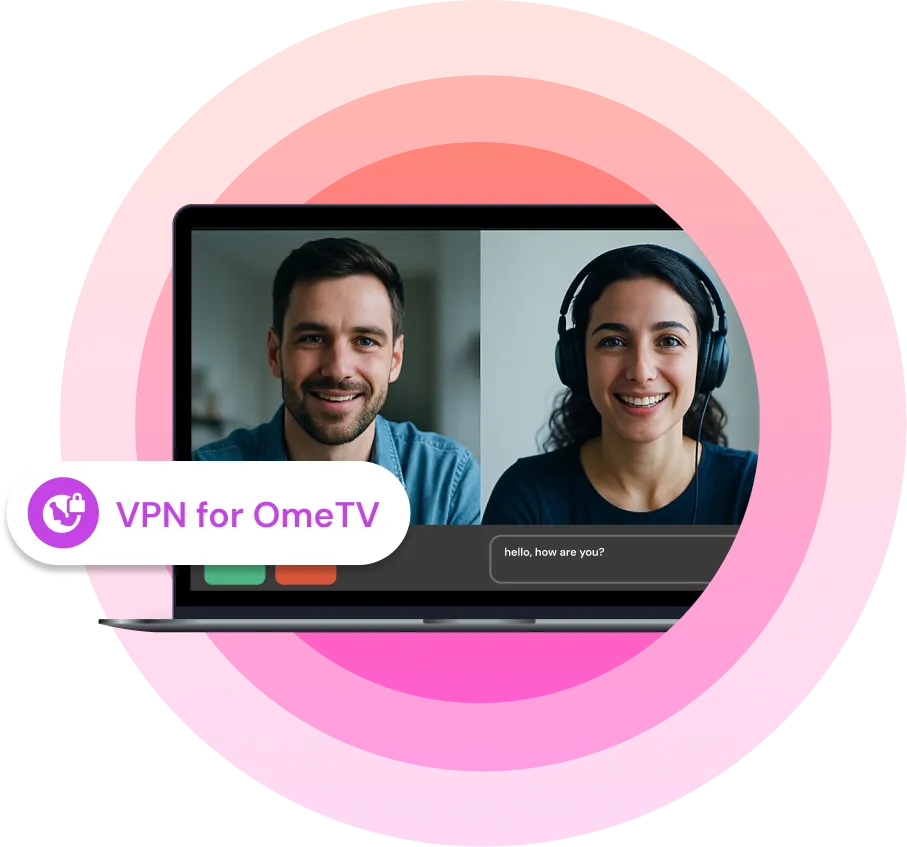 Illustration showing a laptop with two people video chatting with the text "VPN for OmeTV" next to it